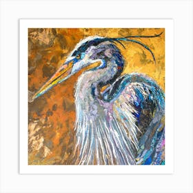 Blue Heron On Gold Square Art Print
