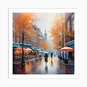 Amsterdam cafes, autumn season, rain, autumn oil colours.Faded colours,People passing on the street, winter clothes, rain umbrellas.11 Art Print