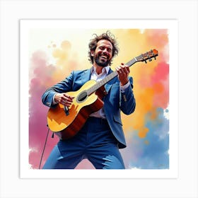 Watercolor Painting Of A French Musician In A Lively Concert, Dynamic And Colorful 1 Art Print