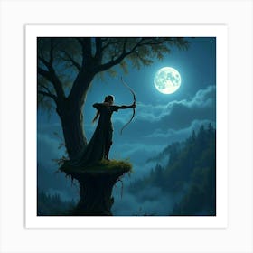 Elven Archer Aiming An Ethereal Arrow From A High Tree Platform, Moonlit Night 1 Art Print