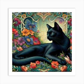 Black Cat With Flowers 8 Art Print