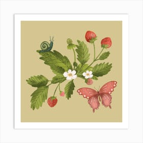 Sweet summer strawberry branch with snail and butterfly Art Print