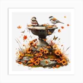 Autumn Birds In A Birdbath Art Print