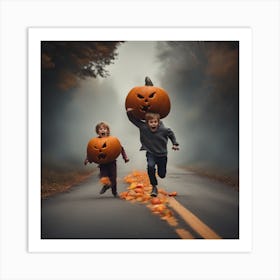 Two Kids Running With Pumpkins Art Print