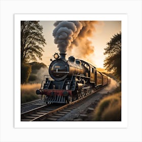 Steam Train At Sunset Created using Imagine AI Art Art Print