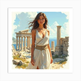 A Stunning Greek Woman In Watercolor, With The Majestic Backdrop Of Ancient Ruins 1 Art Print