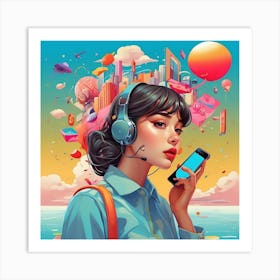 Girl In Headphones Art Print