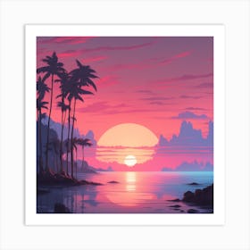 Sunset With Palm Trees Art Print