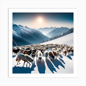 Herd Of Sheep In The Snow Art Print