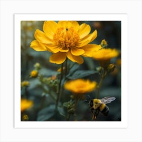 Bee On A Yellow Flower Art Print