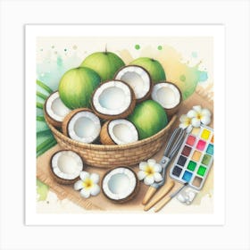 Watercolor's Basket Full Of Coconuts 1 Art Print