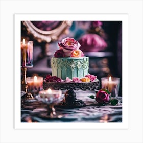 Iced Cake with Roses and Candles Art Print