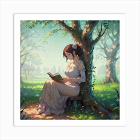 Girl With Flower In Her Hair Reading A Book Art Print