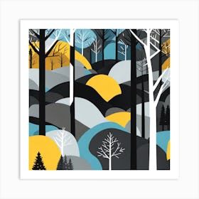 Woods, minimalistic vector art, Forest, sunset,   Forest bathed in the warm glow of the setting sun, forest sunset illustration, forest at sunset, sunset forest vector art, sunset, forest painting,dark forest, landscape painting, nature vector art, Forest Sunset art, trees, pines, spruces, and firs, black, blue and yellow Art Print