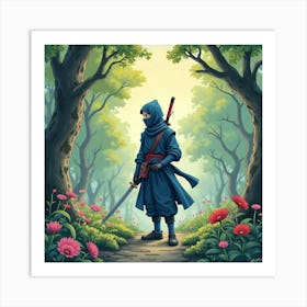 Ninja Fighter In A Watercolor Mystical Garden 1 Art Print