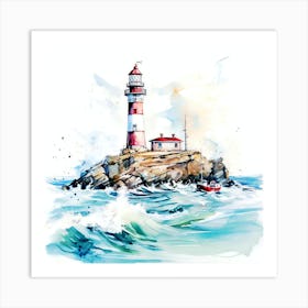 Watercolor Lighthouse, PSD watercolor illustration of a lighthouse at sea Art Print