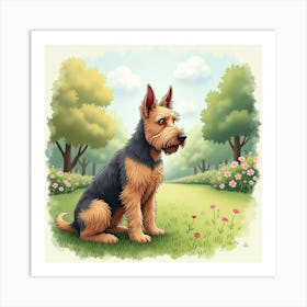 A Serene Scottish Terrier Sitting By Its Owner In A Peaceful Garden, Watercolor 1 Art Print