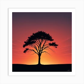 Silhouette Of A Tree At Sunset, A Minimalist Line Drawing Of A Lone Tree Silhouetted Against A Fiery Sunset 1 Art Print