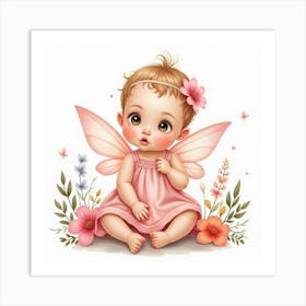 Baby Girl Dressed In Fairy Wings, Surrounded By Watercolor Flowers Art Print