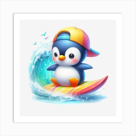 Penguin On Surfboard Art Print