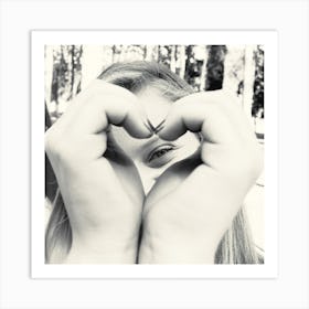 Woman Peeking Through A Heart Shape She Does With Her Hands 1 Art Print