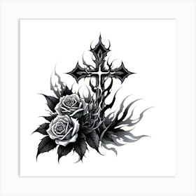 Cross And Roses Tattoo Art Print