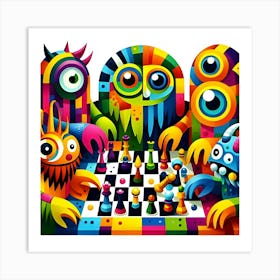 Brightly Colored And Low Resolution Cubism Monsters Playing Chess 2 Art Print