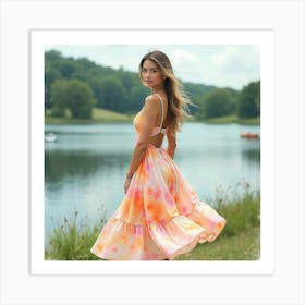 Elegant Lady In Watercolor Dress, Peaceful Lakeside Setting 1 Art Print