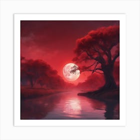 0 The Red Moon At Twilight Under Large Trees On A Ri Esrgan V1 X2plus (1) Art Print