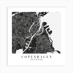 Copenhagen Denmarl Minimal Black Mono Street Map  Square Art Print