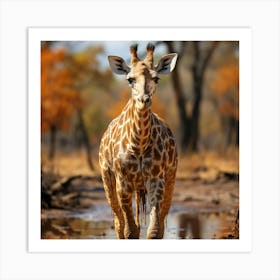 Giraffe Walking In Water Art Print