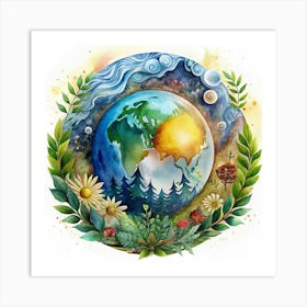 Earth With Flowers And Forest Art Print