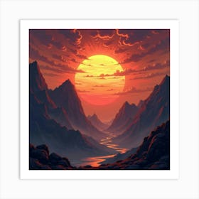 Titan Breaking Through Mountains Under A Fiery Sunset Sky 1 Art Print