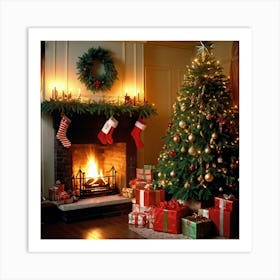 A Convivial Christmas Scene A Roaring Hearth Fireplace Illuminating The Room A Lush Evergreen Chri (5) Art Print