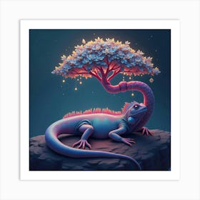 A Dreamy Iguana With Iridescent Scales Basking Under A Magical, Glowing Tree Art Print