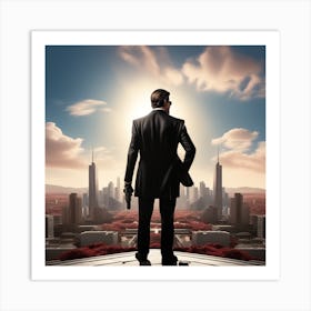 The Image Depicts A Man In A Black Suit And Helmet Standing In Front Of A Large, Modern Cityscape 4 Art Print