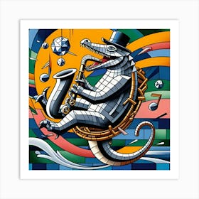 A Swinging Crocodile With A Diamond Saxophone, Inspired By The Cubist Collages Of Georges Braque Art Print