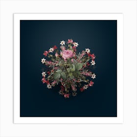 Vintage Pink French Roses Flower Wreath on Teal Blue n.2264 Art Print