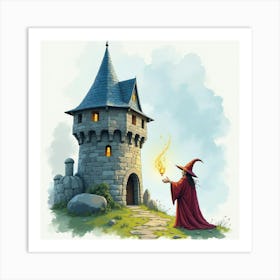 Watercolor Of A Wizard Casting Spells In A Stone Tower Art Print