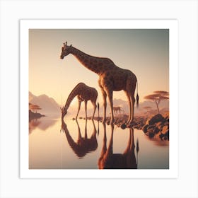 Giraffes Drinking Water Art Print
