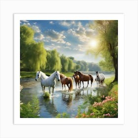 Horses In The Stream 3 Art Print