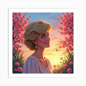 Princess Diana Smiling With A Watercolor Sunset Sky And Blooming Colorful Trees Art Print