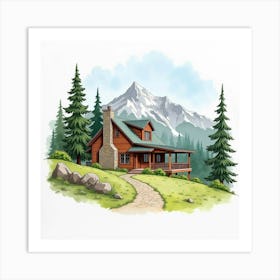 Peaceful Mountain Lodge In Watercolor, With Natural Surroundings And Rustic Charm Art Print