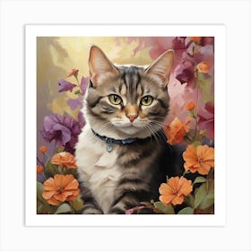 Domestic Shorthair Cat In Flowers Art Print