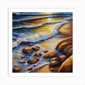 The sea. Beach waves. Beach sand and rocks. Sunset over the sea. Oil on canvas artwork.40 Art Print