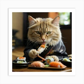 Cat Eating Sushi Art Print