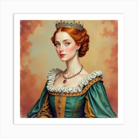 Queen Elizabeth I In Watercolor, Rich Background, Elegant Robe 1 Art Print