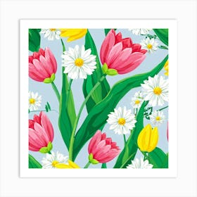 Cartoon Style Digital Painting Of An Isolated Spring Bouquet Featuring Blooming Tulips Roses And D 2 1 Art Print