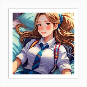 Anime Girl Laying In Bed Art Print