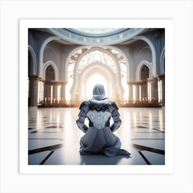 A 3d Dslr Photography Muslim Wearing Futuristic Digital Armor Suit , Praying Towards Masjid Al Haram, House Of God Award Winning Photography From The Year 8045(4) Art Print